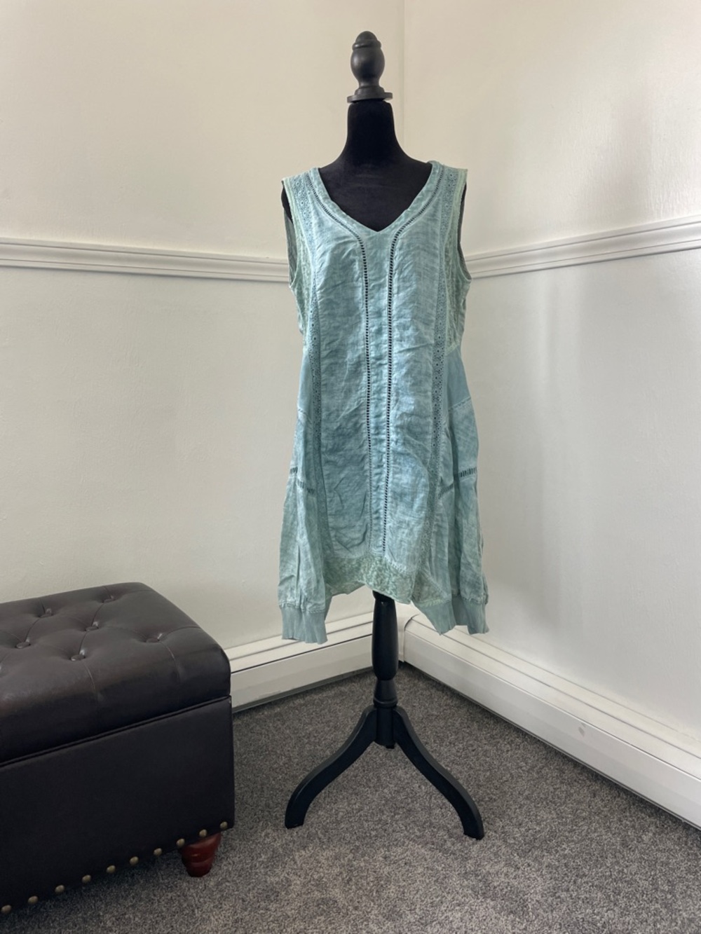 Soft Surroundings Pale Aqua Linen Top with Eyelet Trim